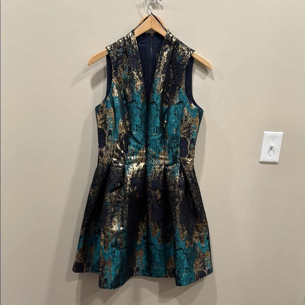 Elegant Teal and Gold Sleeveless Cocktail Dress